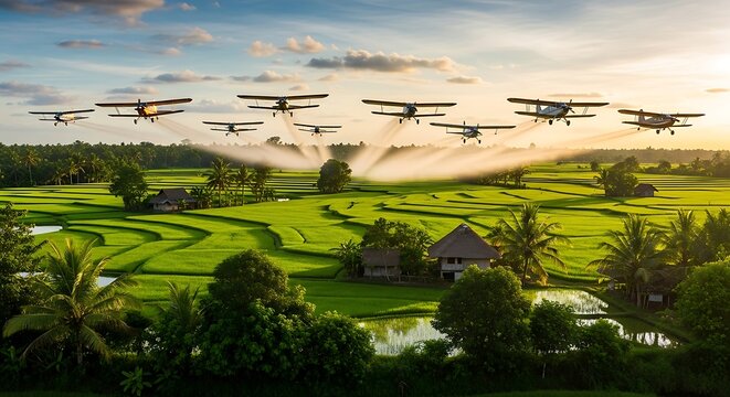 A formation of biplanes flies over lush green rice terraces at sunset.