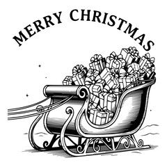 Vintage illustration of a sleigh overflowing with Christmas presents and Merry Christmas text
