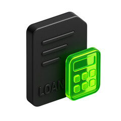3D Loan Document and Glowing Green Calculator Icon for Finance and Budget Planning. loan, finance, calculator, 3d icon, financial planning