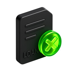 Rejected Loan Document 3D Icon. Financial application denied with a glowing green X mark. loan, rejected, denied, document, finance
