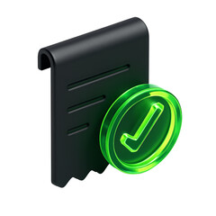 3D Dark Receipt or Invoice Document with Glowing Green Checkmark Icon for Success and Completion. icon, checkmark, receipt, complete, success