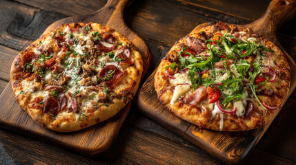 Two pizzas on wooden paddles arranged diagonally on dark wood table with warm light