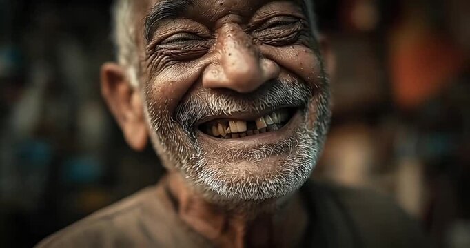 Close up shot of an elderly man with a wide, genuine bad teeth smile, his eyes crinkled with joy