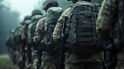 Soldiers in formation with military gear outdoors.