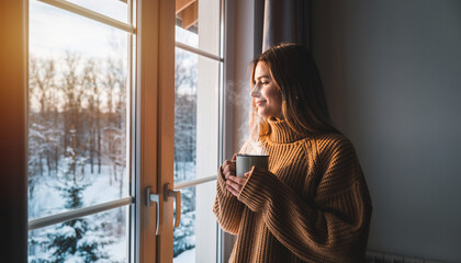 Cozy winter morning lifestyle scene, young adult wearing warm sweater holding a cup of hot coffee near a window, soft natural light, snowy background outside, shallow depth of field, realistic photogr