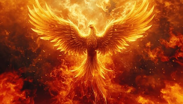 Majestic Golden Phoenix Rising From Fiery Red Flames