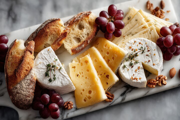 Assorted cheeses and torn baguette pieces on marble board with grapes and nuts