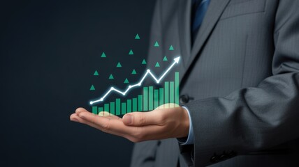 Business Growth: A person in a suit, offering a dynamic display of business growth, with a rising graph projecting success.