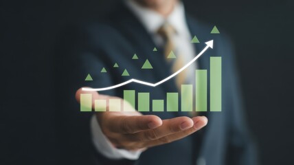 Business Growth Vision: A suited professional cradles a vibrant graphic of escalating success, symbolizing growth, progress, and financial achievement.