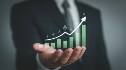 Corporate Growth Trajectory: A business professional displays a dynamic upward growth graph, symbolizing business development, financial prosperity and corporate evolution. 
