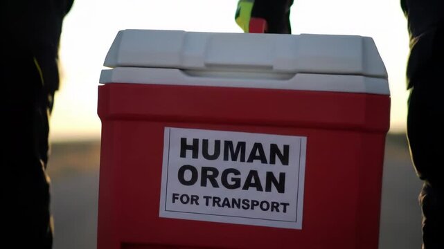 A human organ transport container is visible with a helicopter in the background against a sunset desert backdrop. 