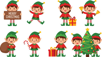 Cute Christmas Elf Character Set Vector Illustration; Joyful Santa's Helpers with Gifts, Candy Cane, Bell, and Xmas Tree; Merry Winter Holiday Cartoon Collection for Design and Greeting Cards