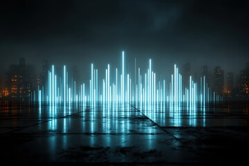 Futuristic cyan glowing bar graphs forming a city skyline in a dark tech atmosphere