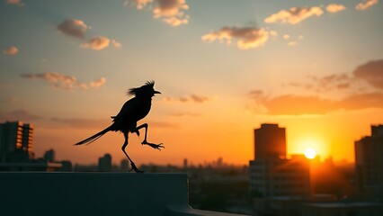 parkour. Silhouette of a freerunner on an urban rooftop at golden hour. event key visuals, club posters, designed for sports event promotions and stadium branding and fitness apps and gym onboarding.