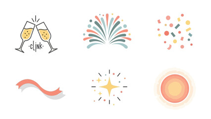 Obraz premium Six festive icons including champagne glasses, fireworks, confetti, ribbon, and a sparkling star.