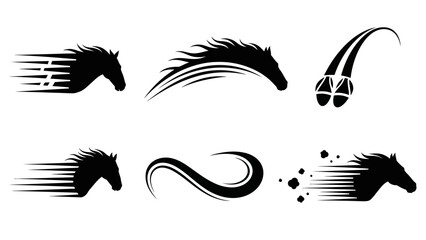 Six black vector silhouettes of horse heads in motion, depicting speed and power, suitable for logos or emblems.