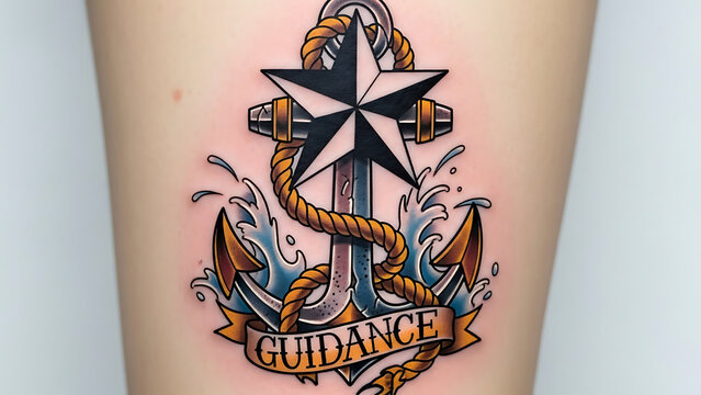 Tattoo of anchor with star and rope on human leg