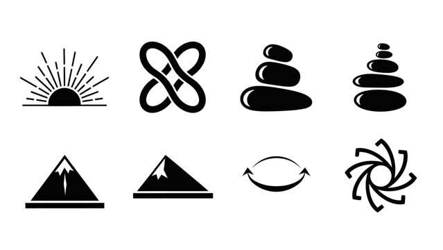 Collection of eight black and white vector icons featuring nature, abstract symbols, and spiritual elements.