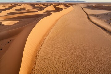 Naklejka premium Weite Sanddünenlandschaft mit sanften Wellen und Spuren im weichen, goldenen Sand der Wüste