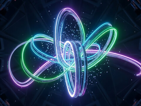 Vibrant neon rings dancing in dark space