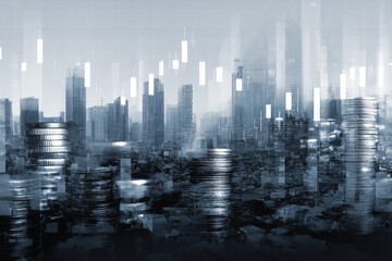 Financial illustration with coins, charts, and graphs over modern cityscape in blue tones