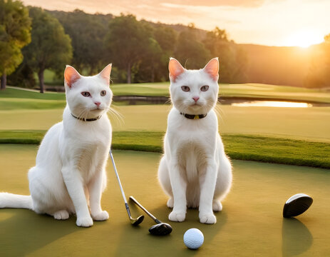A pair of white cats in the green golf course.