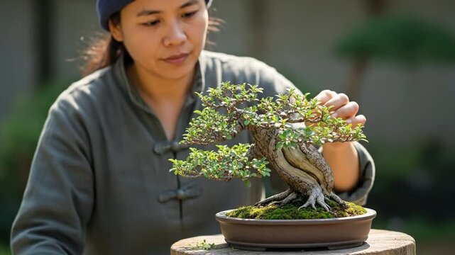 Person carefully trimming bonsai, snipping small branches with precision.