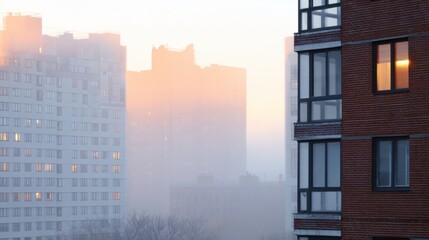 Obraz premium Dawn cityscape veiled in fog; distant high-rises dim in orange haze as a brick building sits to the right. far