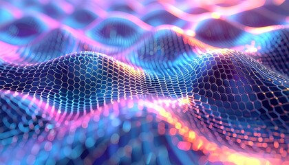 Vibrant abstract digital mesh surface with neon colors and wavy pattern.