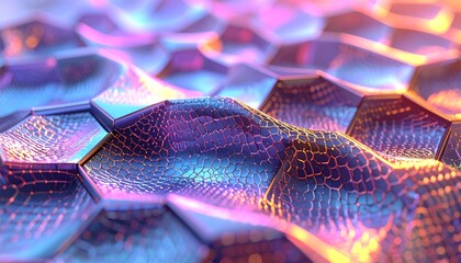 Vibrant Iridescent Hexagonal Pattern with Shimmering Colors and Holographic Effect.