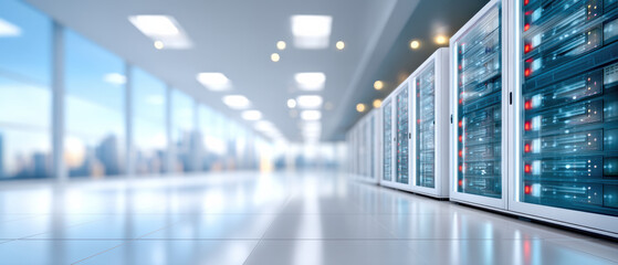 High tech server room with glowing racks and bright modern interior, calm atmosphere