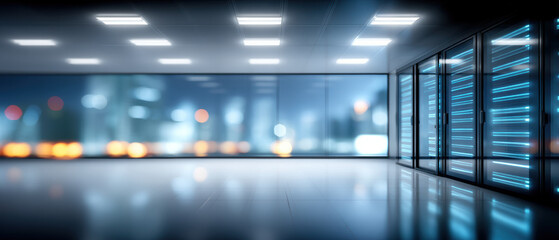 Futuristic server room with blue led racks and glossy floor, calm modern data center ambiance