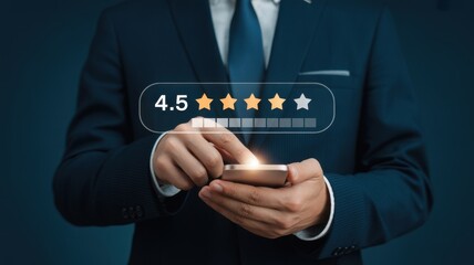 Rating Experience: A focused individual in professional attire engages with a digital device, highlighting a stellar customer review. The scene is saturated in sophisticated blues.