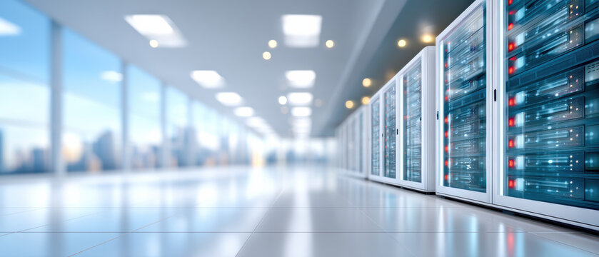 High tech server room with glowing racks and bright modern interior, calm atmosphere - Powered by Adobe