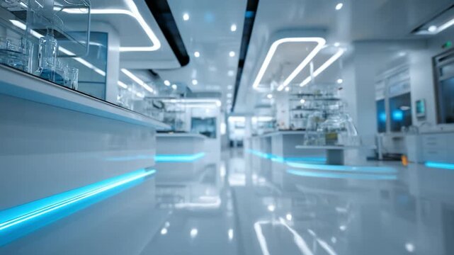 Modern Lab Interior: A sleek, modern laboratory, characterized by its luminous, streamlined design, evokes a sense of advanced scientific exploration and technological progress.