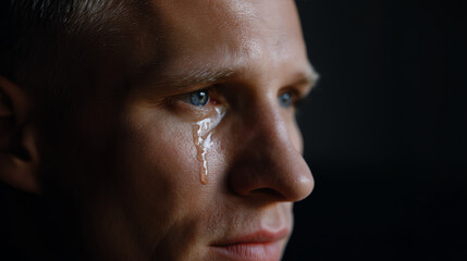 Obraz premium Close-up of a man with blue eyes shedding a tear, expressing deep emotion against a dark background, highlighting human vulnerability and sadness