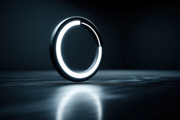 Glowing circular progress ring floating above reflective surface in modern studio lighting