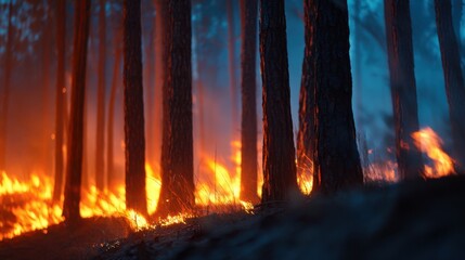 Naklejka premium Forest fire rages among tall dark trunks; orange flames crawl along the ground under blue smoke beneath trees