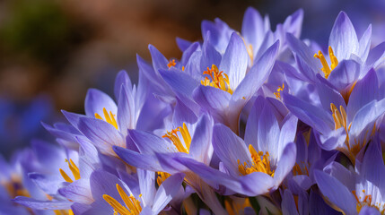 A cluster of delicate purple crocus flowers with bright orange stamens blooming closely together, showcasing vivid spring colors and soft petals in natural light