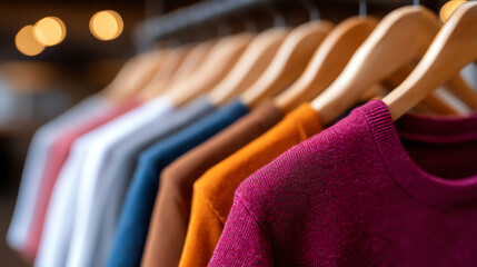 Obraz premium Colorful sweaters neatly hung on wooden hangers in a row, showcasing a variety of autumn tones in a cozy, softly lit retail or closet setting