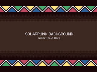 Solarpunk Style Brown Background with Tribal Style Colorful Patterned frame, Pixel Art Style