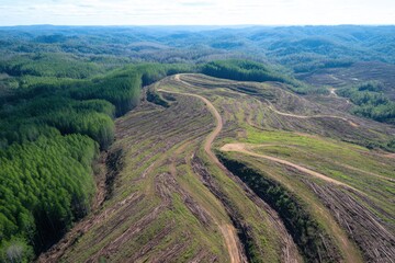 Fototapeta premium Aerial view of winding dirt roads cutting through moorland and forest revealing barren earth and lush greenery