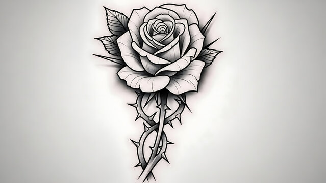 Beautiful black and white rose tattoo design with thorns