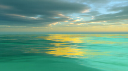 Obraz premium Calm ocean waters reflect a dramatic sky at sunset, blending blues, greens, and golden hues under soft, layered clouds on the horizon