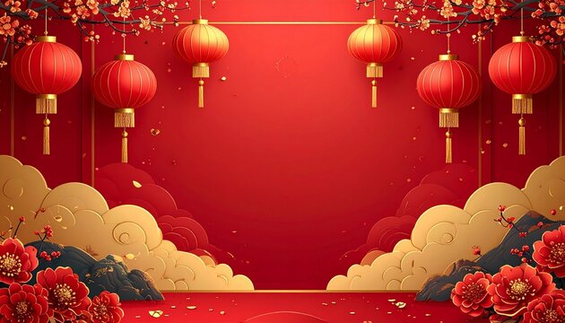 Flat vector Chinese New Year banner with lanterns ingots clouds and blossoms