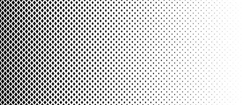 Fading diamond shape gradient pattern. Abstract rhombus gradation background. Back and white rhomb halftone wallpaper for graphic design, poster, medical banner. Vector transition pattern bg