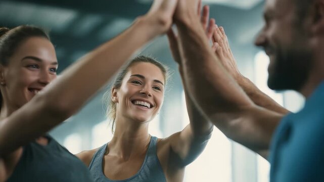 Happy fitness enthusiasts give high fives, expressing unity and encouragement in a bright gym environment. Team spirit and healthy lifestyle are highlighted by their joyful interaction and activewear
