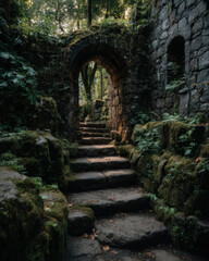 Obraz premium Tall stone archway with carved steps ascending toward glowing light above