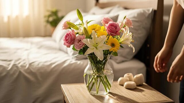 Hand placing fresh flowers on bedside table in soft morning light.