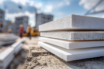 Obraz premium High quality photo of Stack of white foam insulation boards on a construction site with blurred buildings and workers in the background.